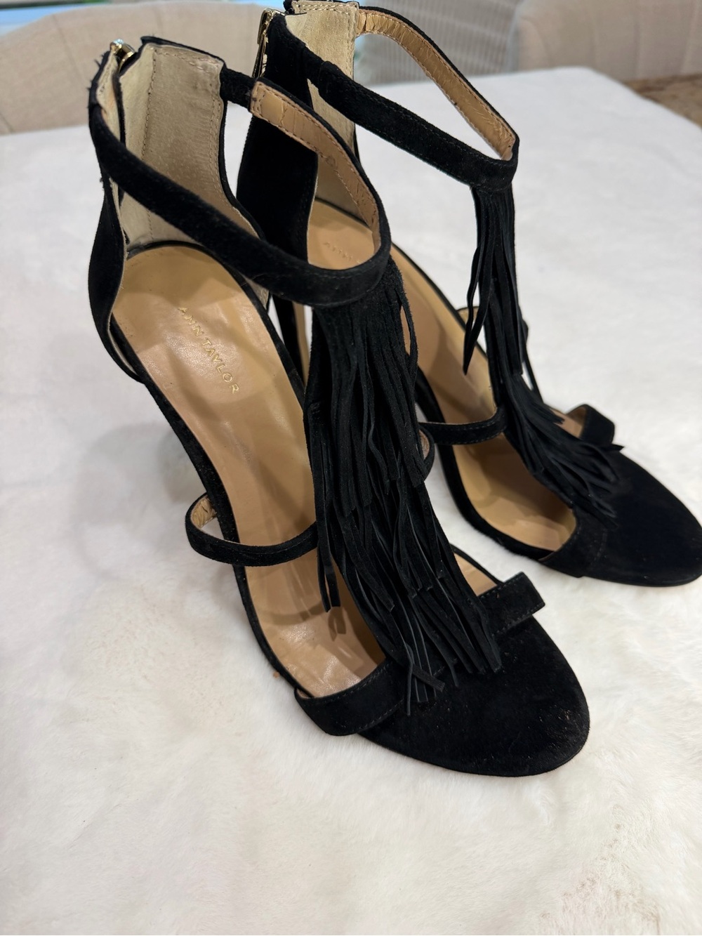 Ann Taylor Black Fringe Suede High Heel Sandals - Women Size 8.5